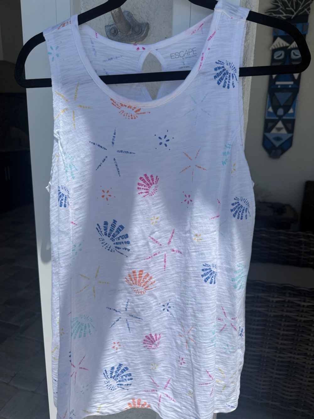 Escape Women's White Tank Top with Multicolor Shell Print